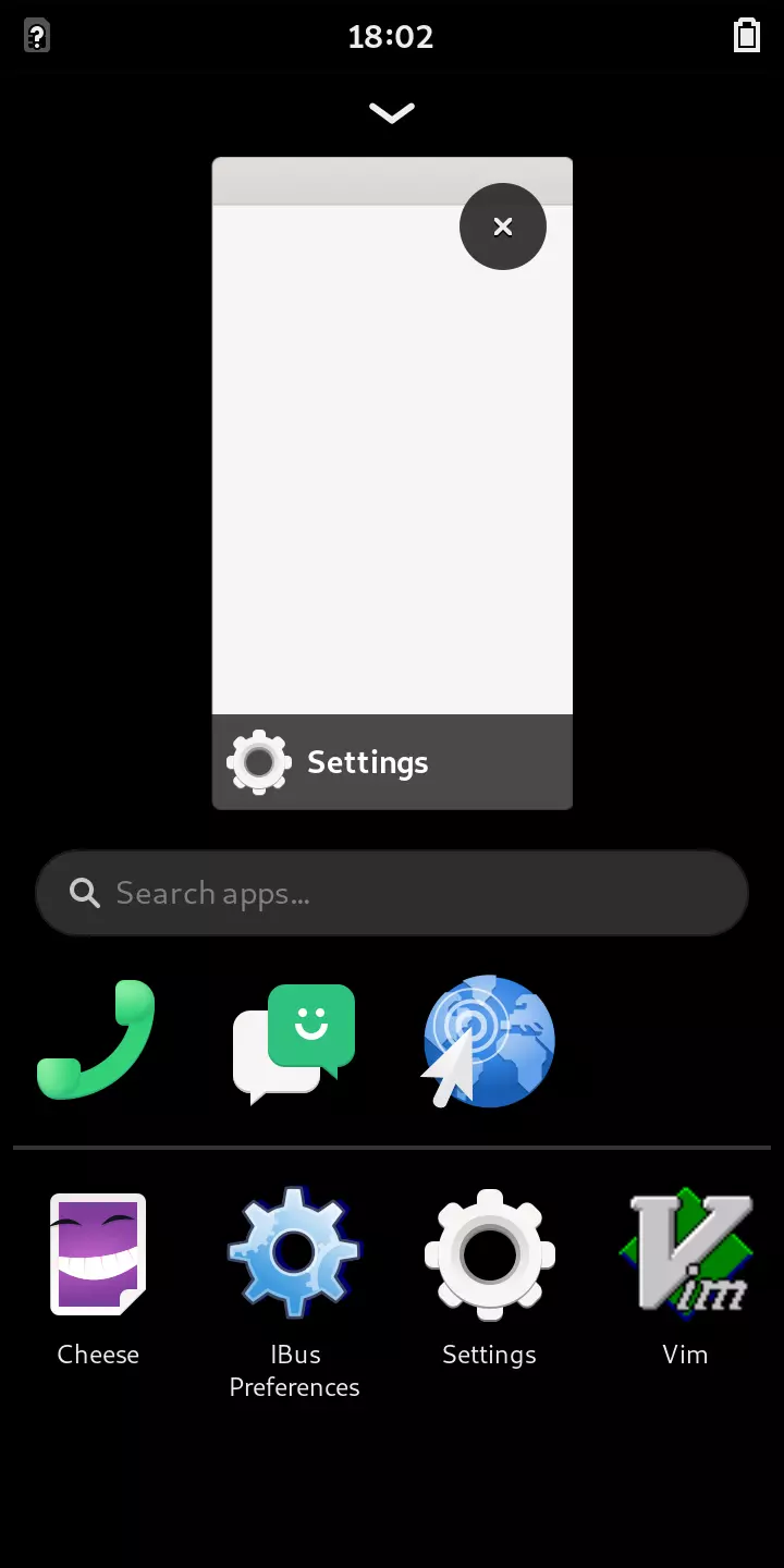 Screenshot of the Phosh app launcher with an open application